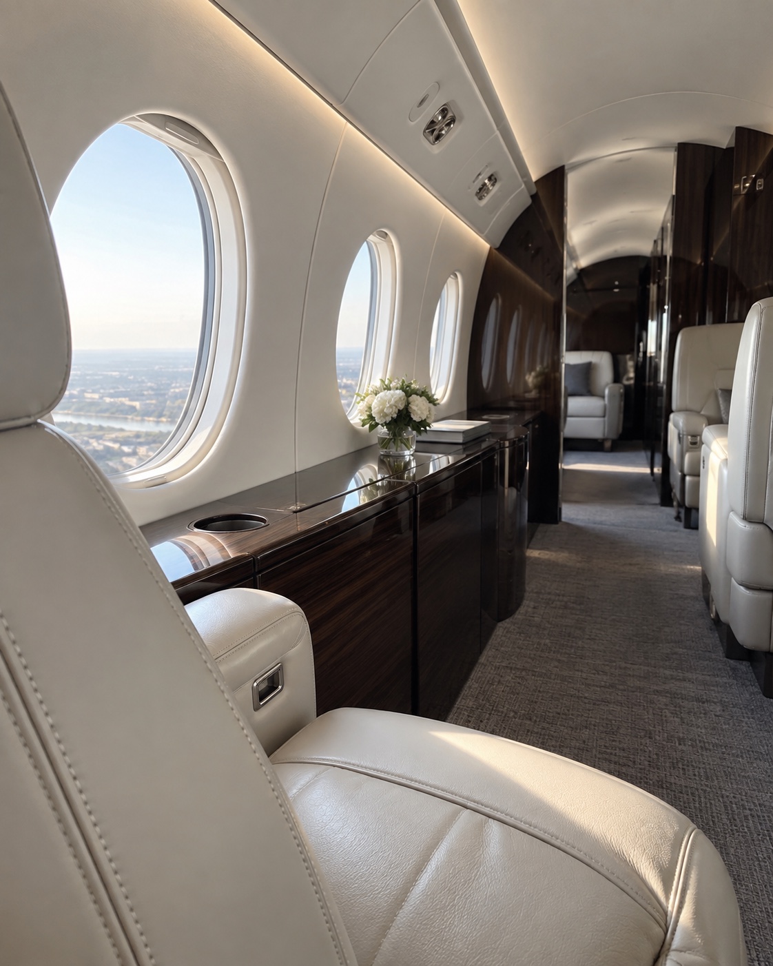 Ivory leather seating and dark wood cabinetry inside an aircraft cabin
