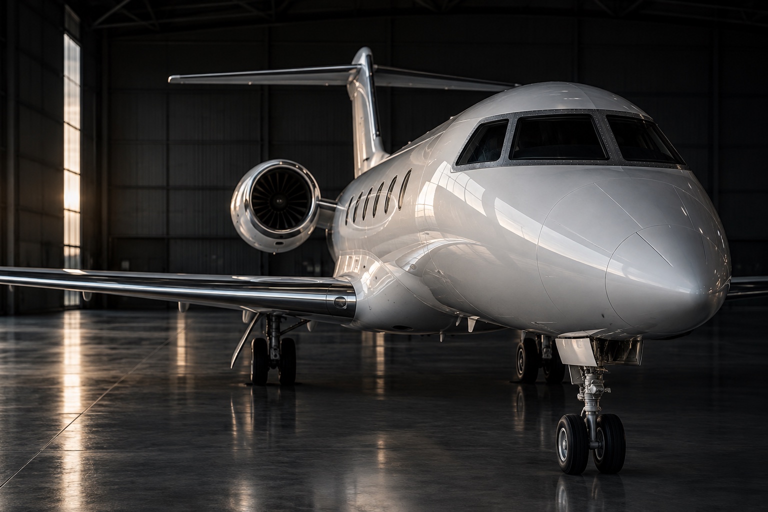 White business jet parked inside a hangar